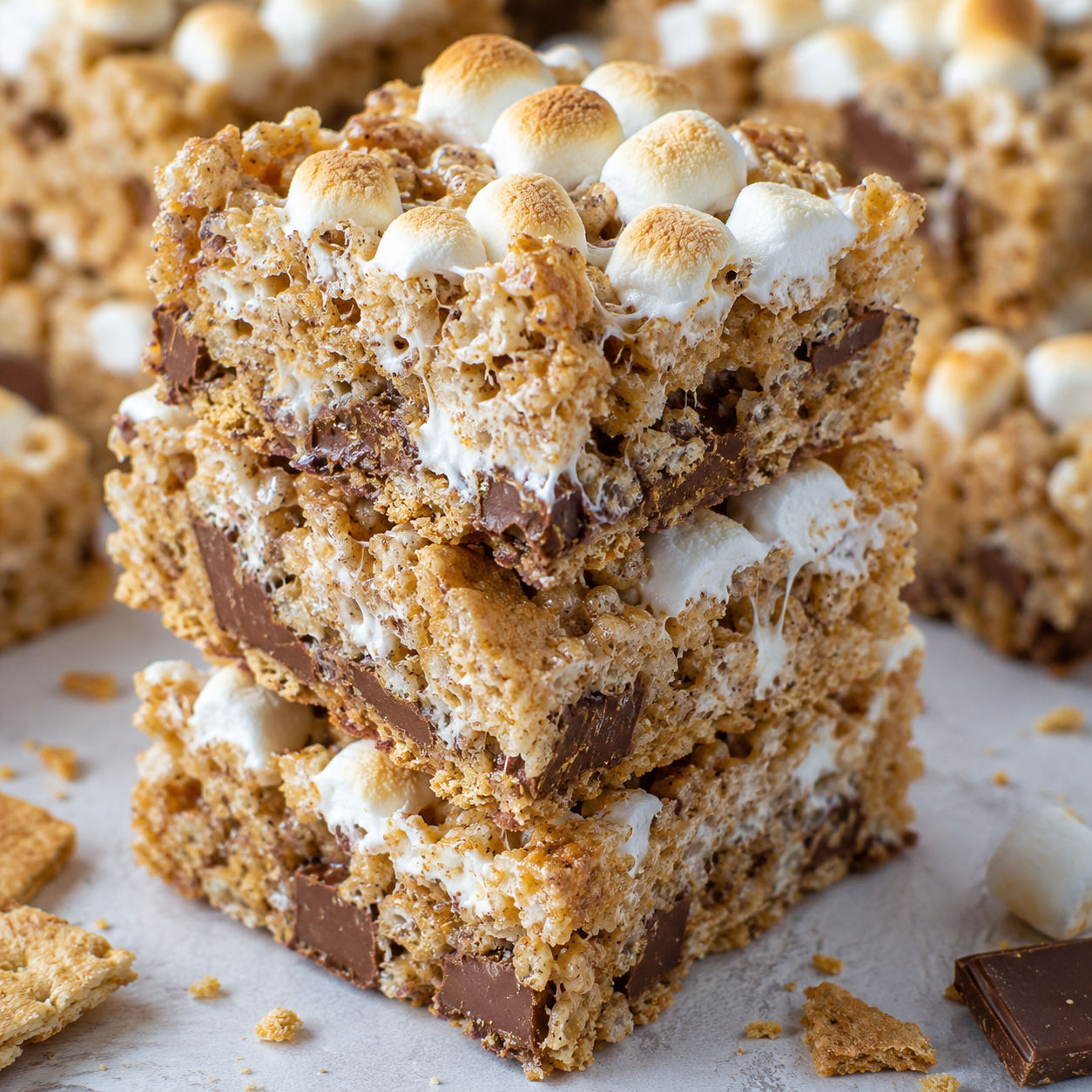 S’mores Rice Krispies Treats squares with chocolate and toasted marshmallows
