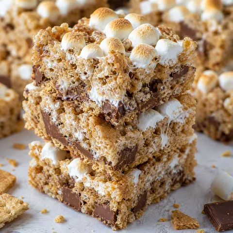 S’mores Rice Krispies Treats squares with chocolate and toasted marshmallows