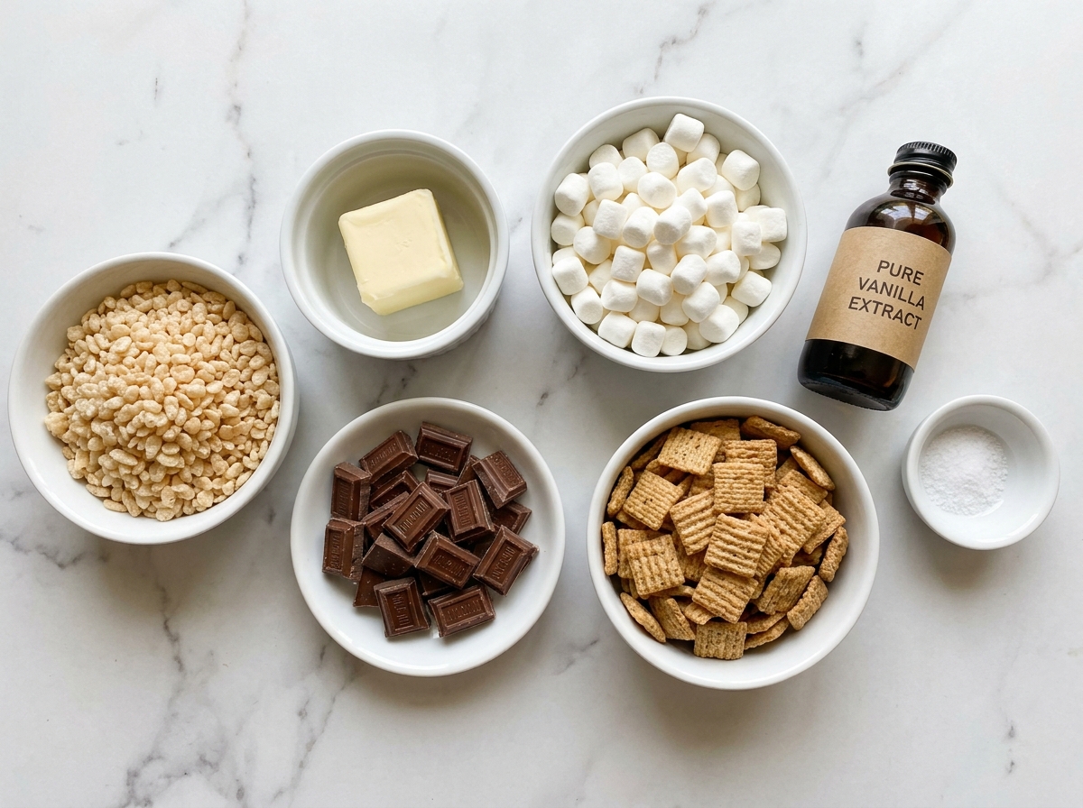 Ingredients for S’mores Rice Krispies Treats with cereal, chocolate, and marshmallows