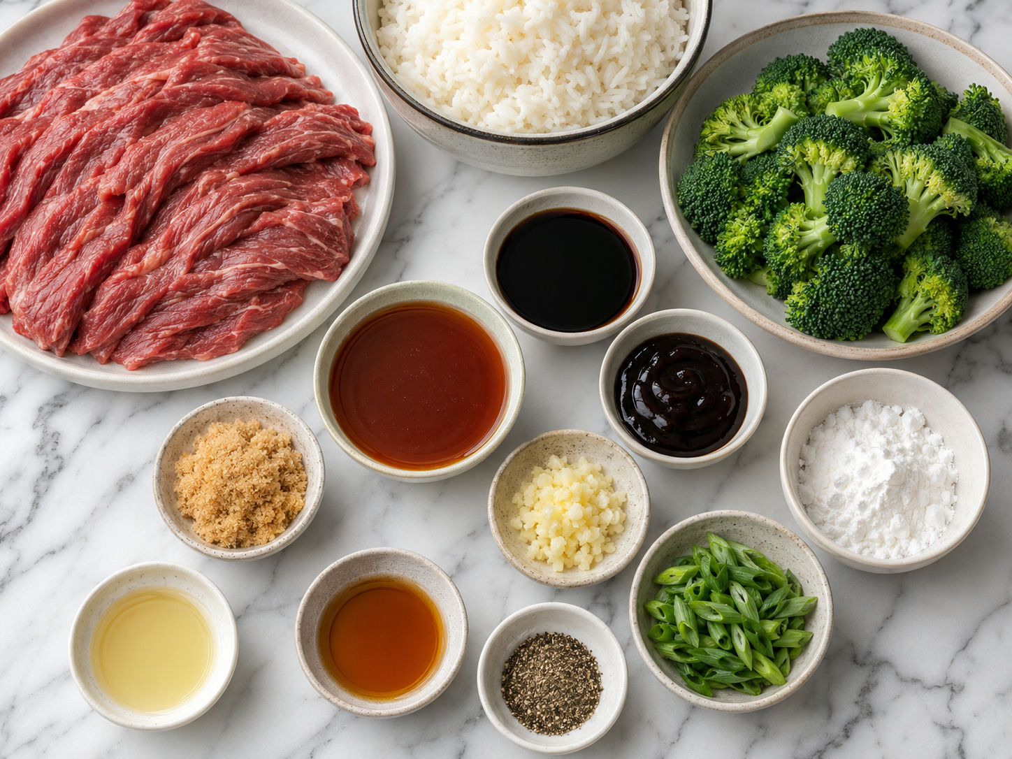 Raw steak, broccoli, aromatics, and sauce ingredients on a wooden counter