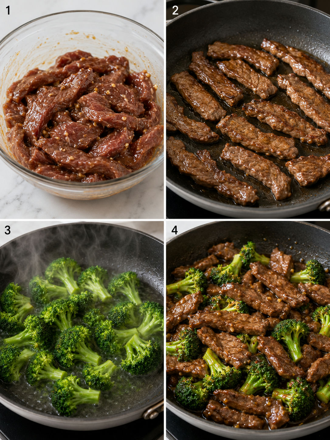 Four cooking steps for steak and broccoli stir-fry in a skillet