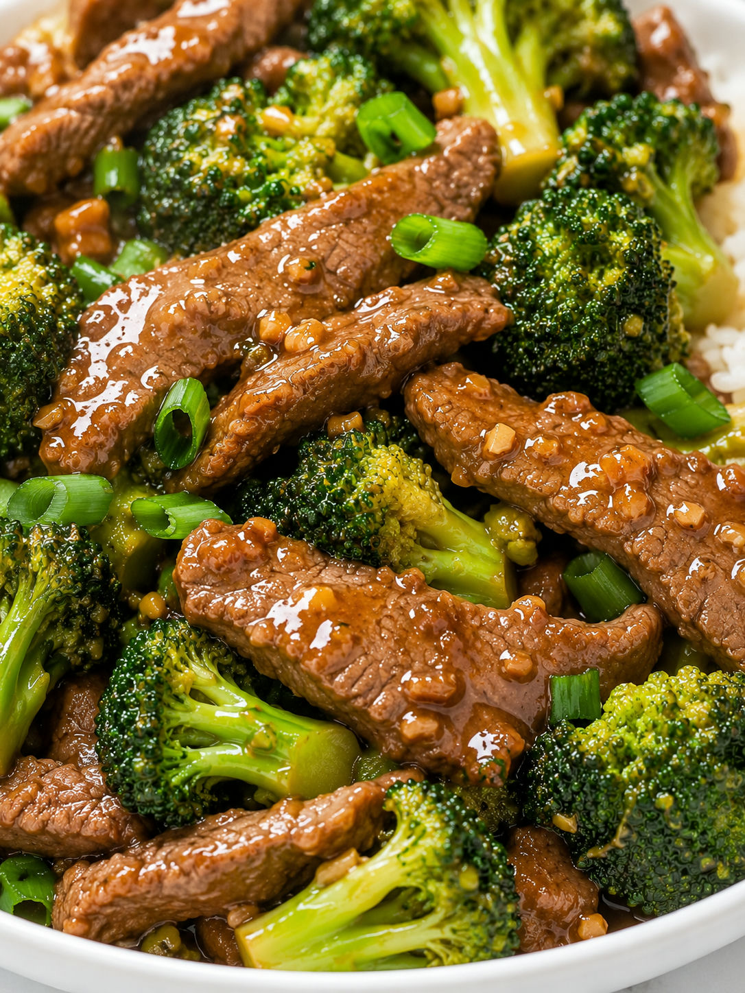 Glossy steak and broccoli stir-fry with green onions over rice