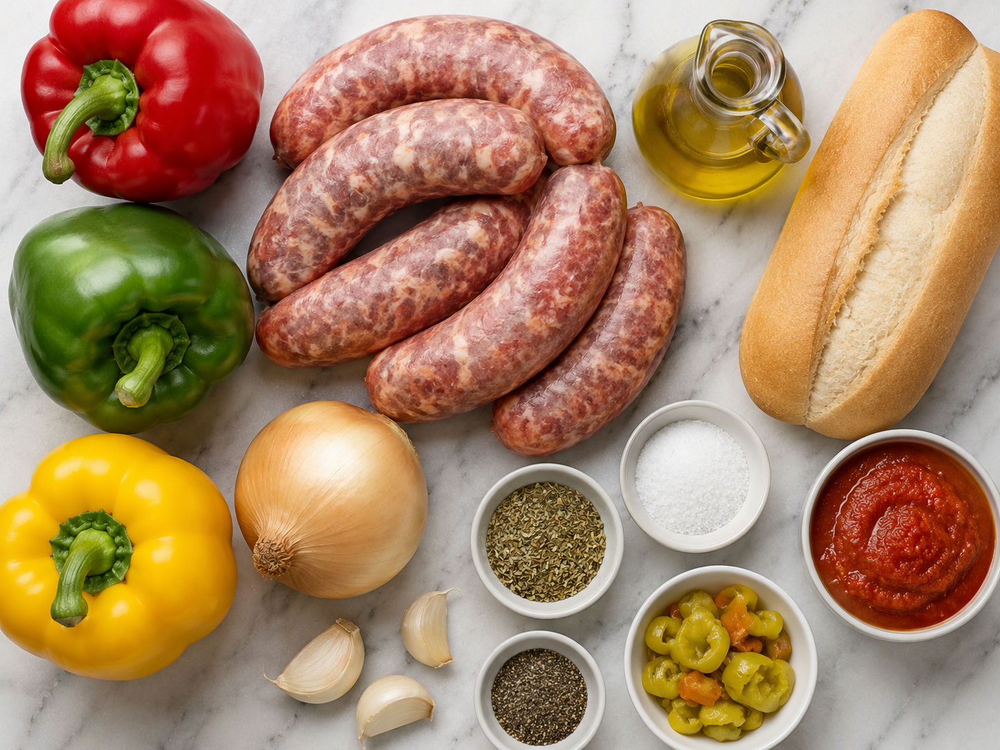 Ingredients for sausage heroes with peppers, onions, rolls, and marinara