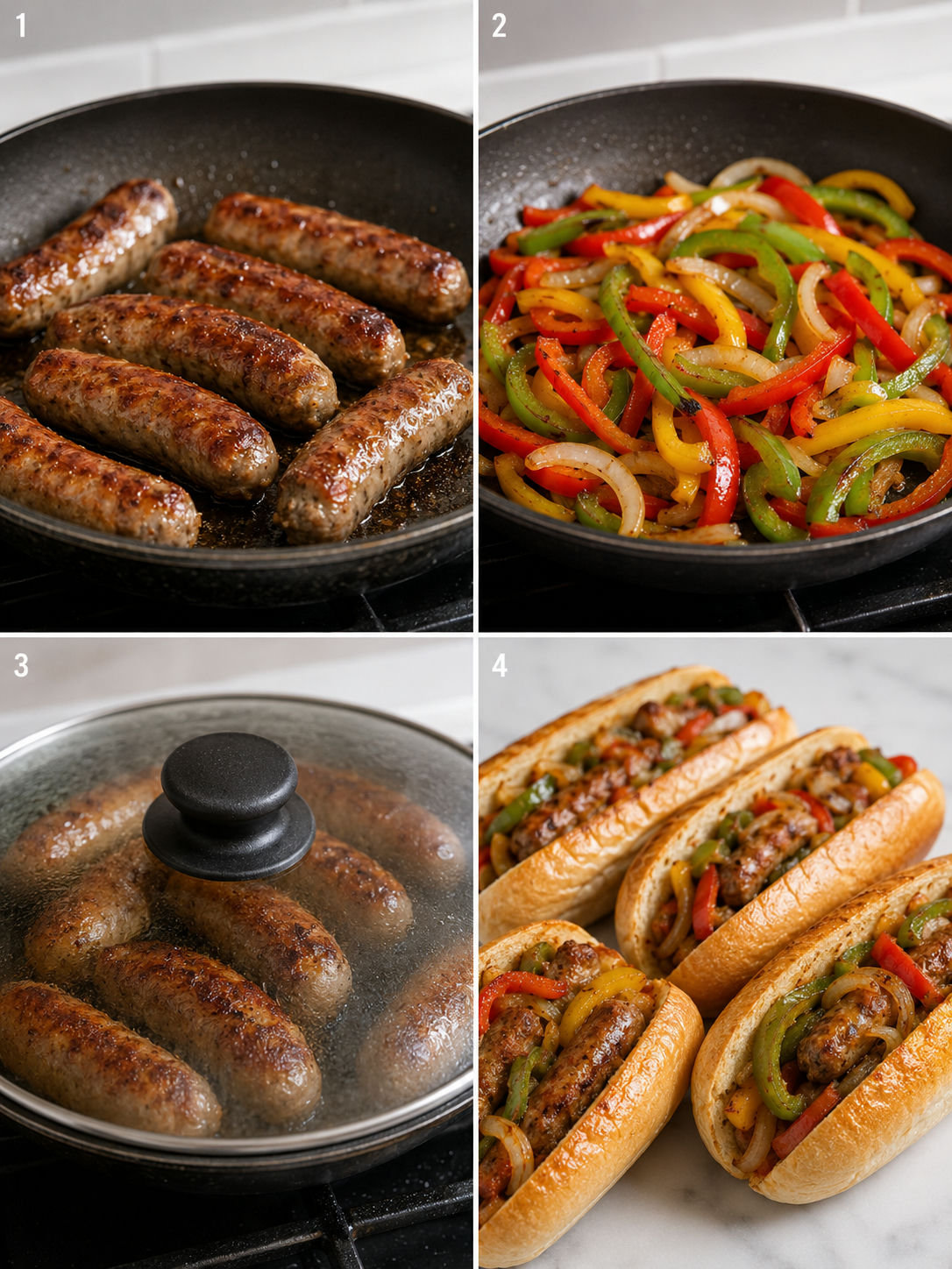 Four steps for making sausage heroes with peppers and onions