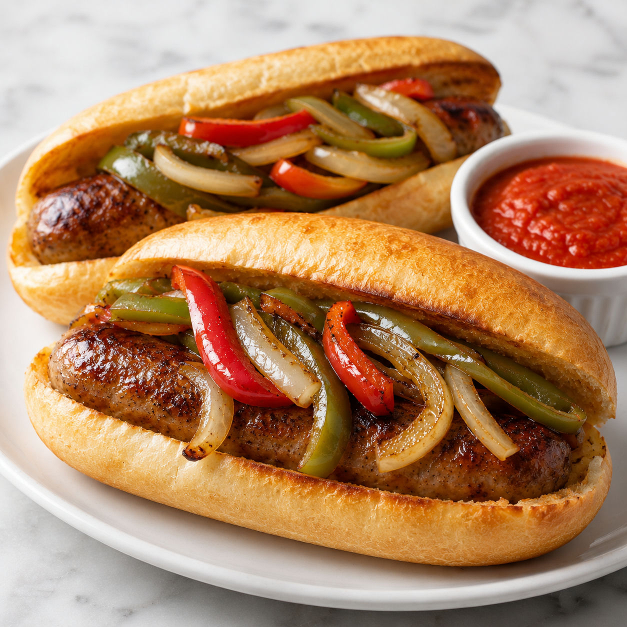 Sausage heroes stuffed with glossy peppers and onions in toasted rolls