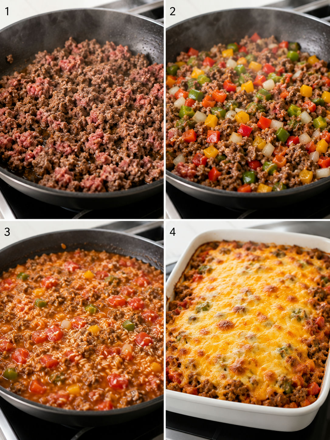 Four cooking steps for stuffed pepper casserole from browning beef to golden melted cheese finish