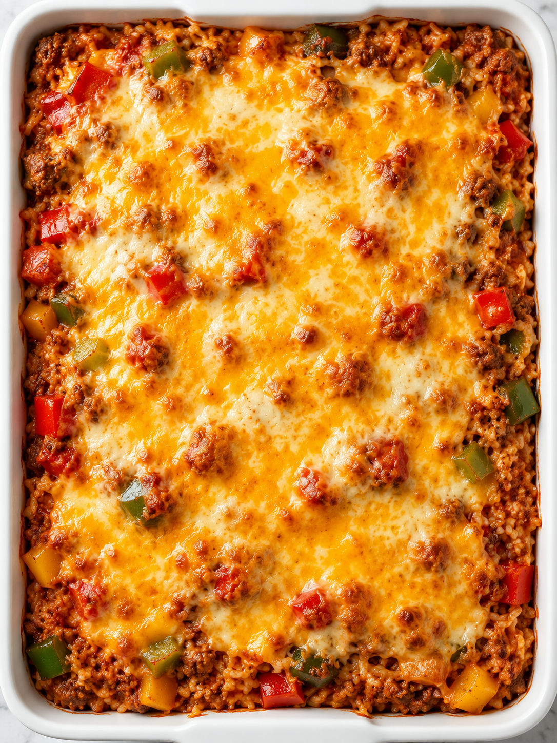 Top-down stuffed pepper casserole with golden melted cheese in a white baking dish