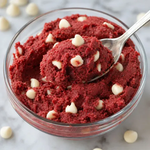 Red velvet cookie dough with white chocolate chips in a glass bowl
