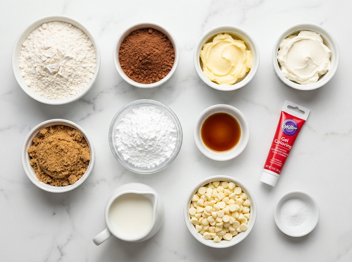 Ingredients for red velvet cookie dough with cocoa and white chocolate chips