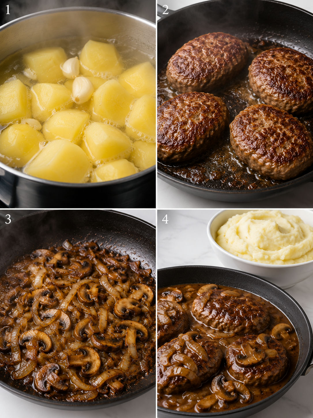 Four cooking steps for Salisbury steak, mashed potatoes, and mushroom gravy
