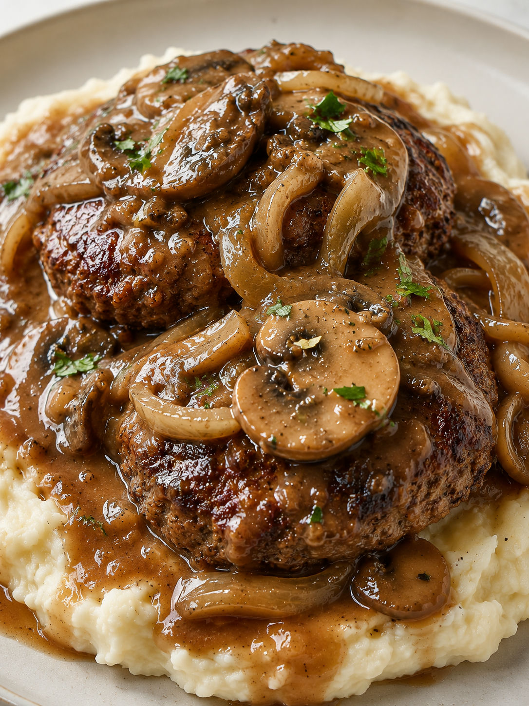 Salisbury steak with mushroom onion gravy over garlic mashed potatoes