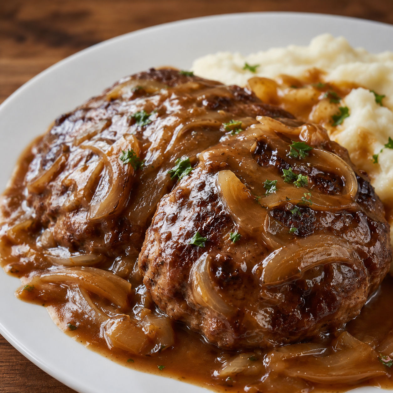 Salisbury steak patties with glossy onion gravy and parsley