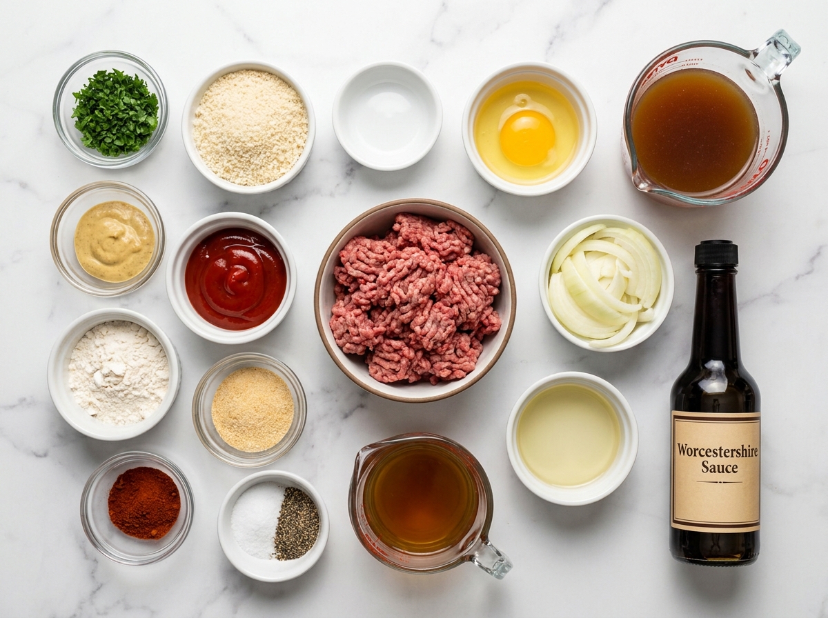 Ingredients for Salisbury steak with onion gravy on a wooden surface