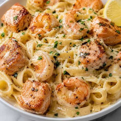 Salmon and shrimp Alfredo with fettuccine, parsley, and Parmesan
