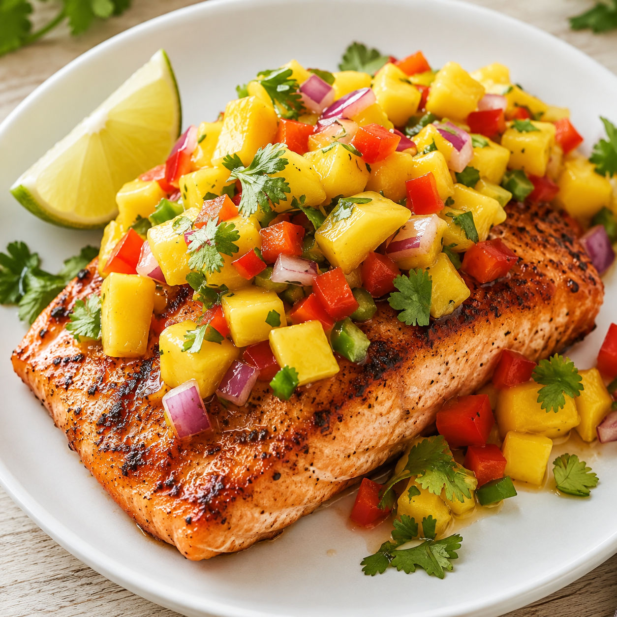 Salmon with mango salsa, cilantro, red onion, and lime on a white plate