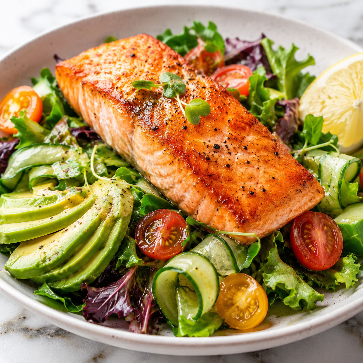 Pan-seared salmon fillet over fresh greens with avocado and cherry tomatoes