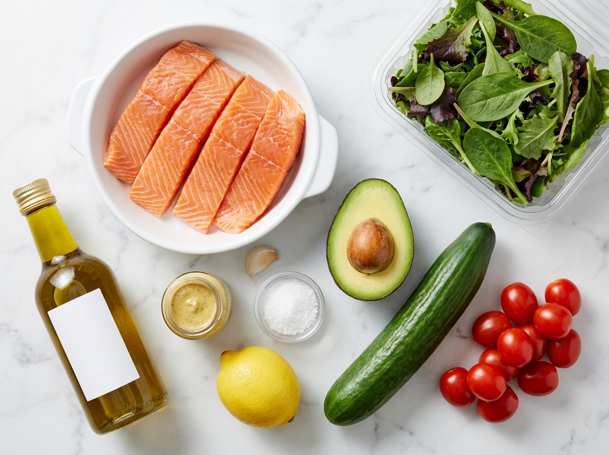 Raw salmon fillets, mixed greens, avocado, and lemon on a wooden surface