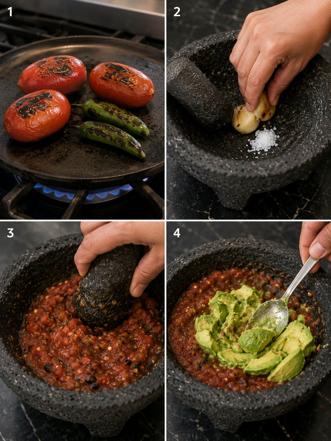 Four steps making salsa de molcajete: charring vegetables, grinding garlic, mashing tomatoes, adding avocado
