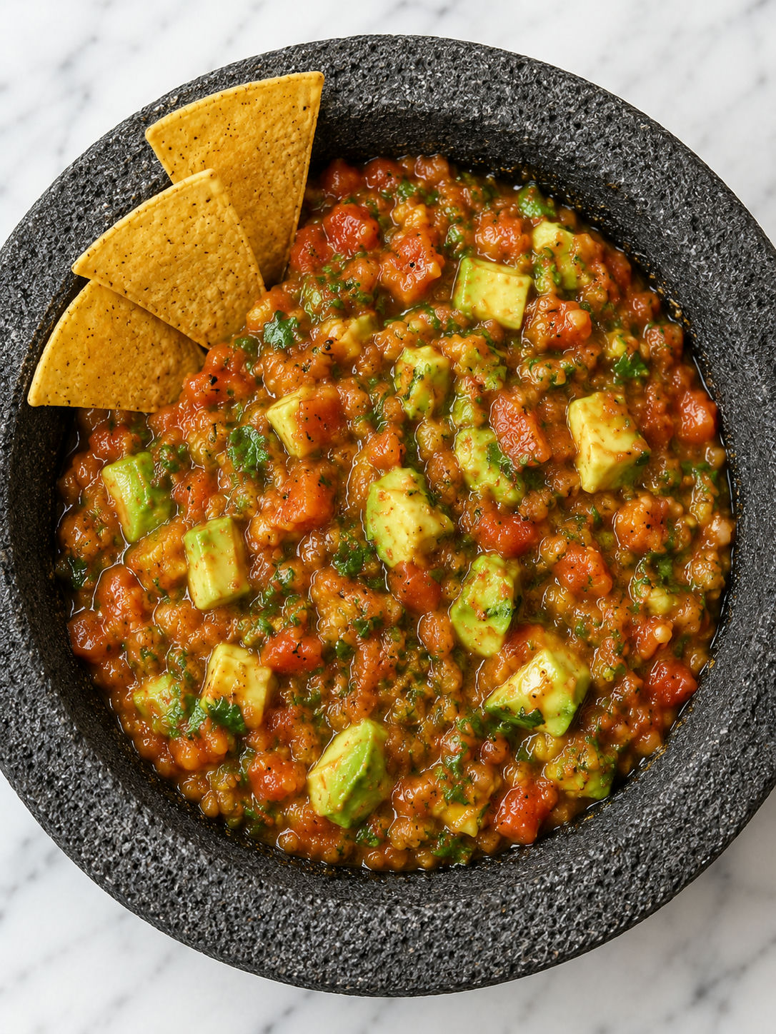 Overhead salsa de molcajete con aguacate in a stone mortar with chips and cilantro