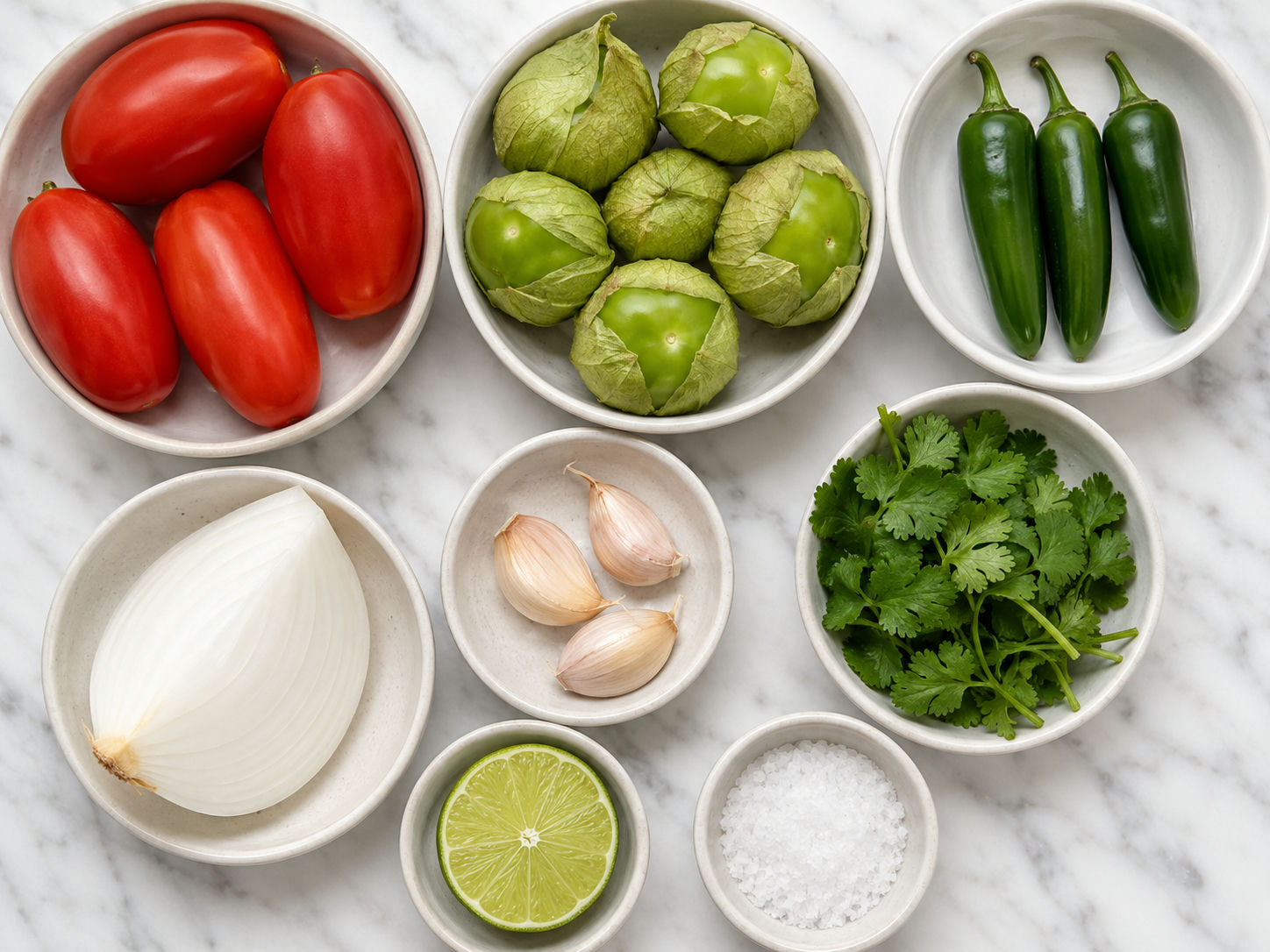 Raw ingredients for salsa quemada including tomatoes, tomatillos, serranos, and cilantro on wood