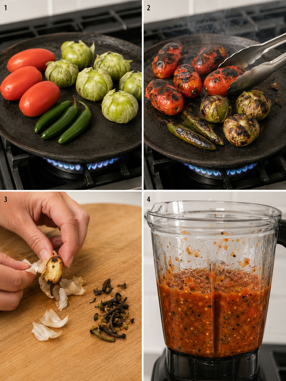 Four step-by-step panels showing salsa quemada preparation from roasting on a comal to blending