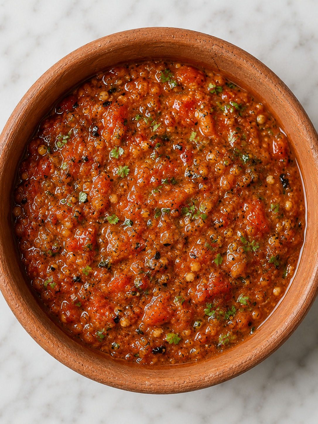 Top-down clay bowl of smoky salsa quemada with tortilla chips and serrano chiles