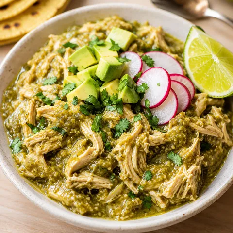 Salsa verde chicken with cilantro, avocado, radish, and lime in a bowl