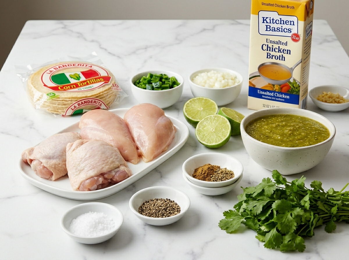 Raw ingredients for salsa verde chicken with tomatillo salsa, peppers, lime, and cilantro