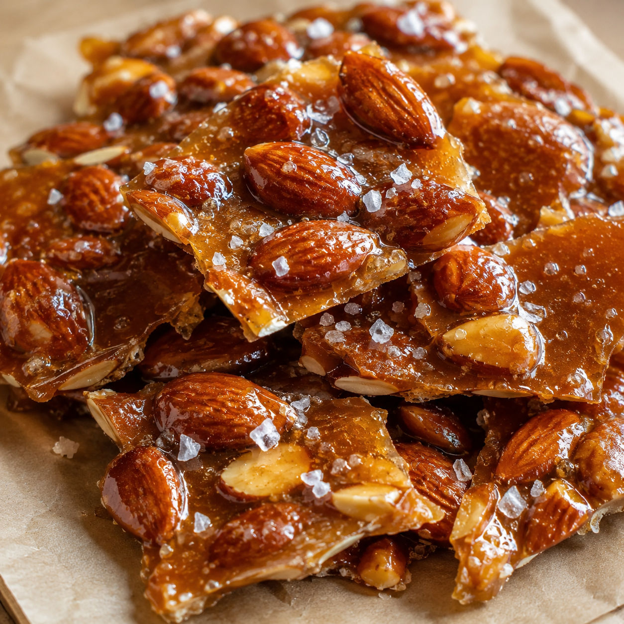 Shards of salted almond brittle with roasted almonds and flaky sea salt on parchment paper