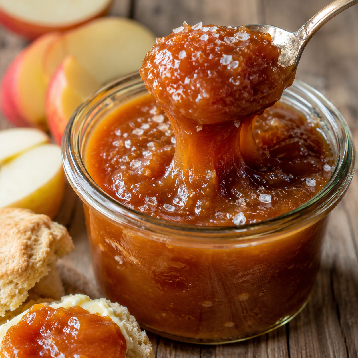 Salted caramel apple butter in a glass jar with apples and sea salt