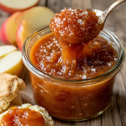 Salted caramel apple butter in a glass jar with apples and sea salt