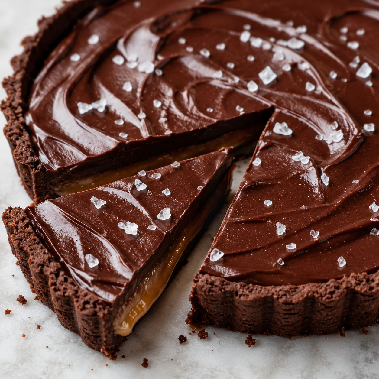Salted caramel chocolate ganache tart with a clean sliced caramel layer