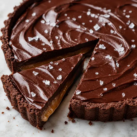 Salted caramel chocolate ganache tart with a clean sliced caramel layer