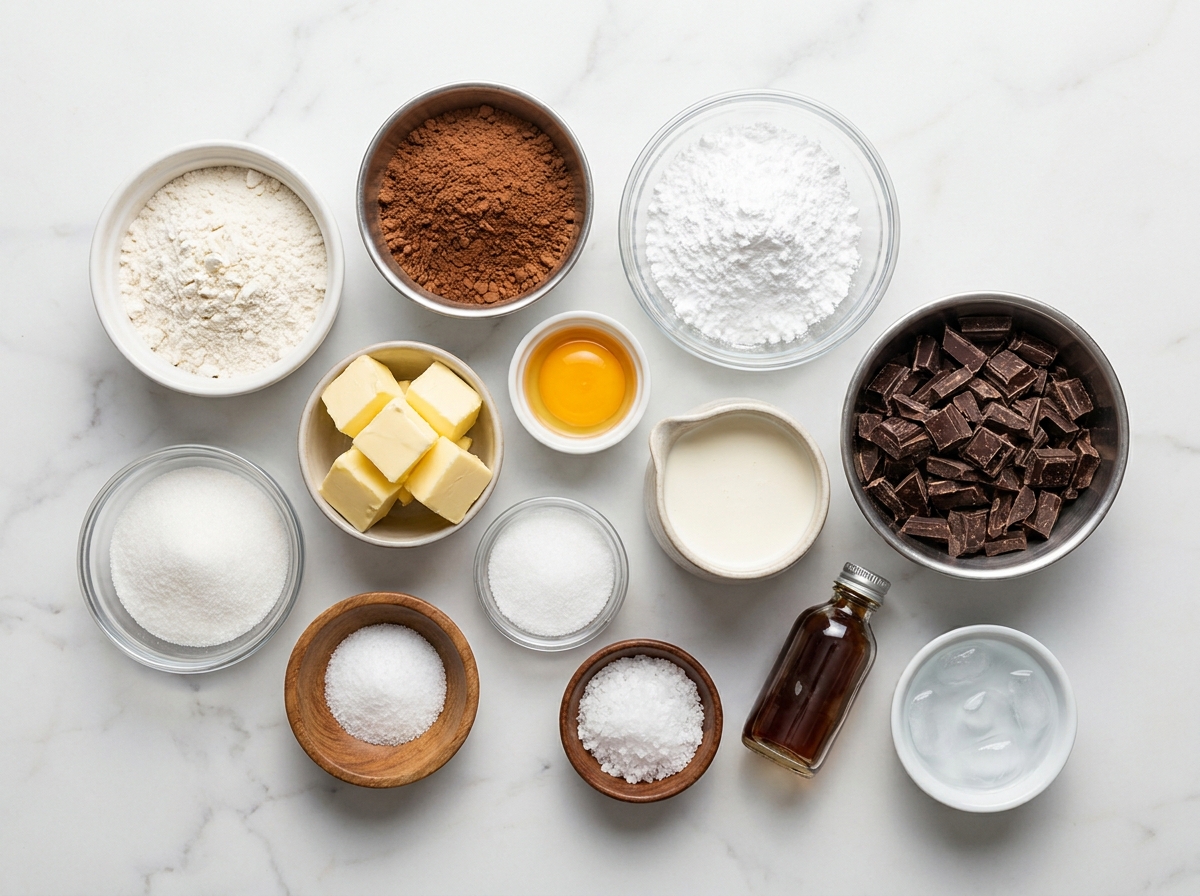 Ingredients for salted caramel chocolate ganache tart on marble