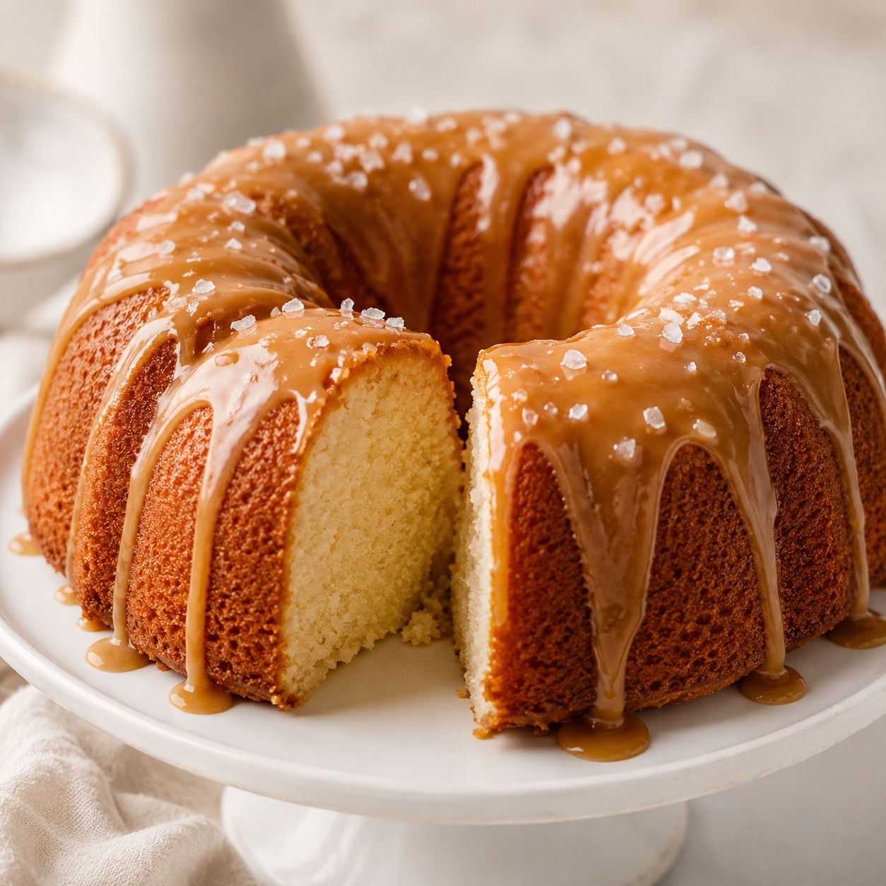 Salted caramel Kentucky butter bundt cake with glossy glaze and sea salt