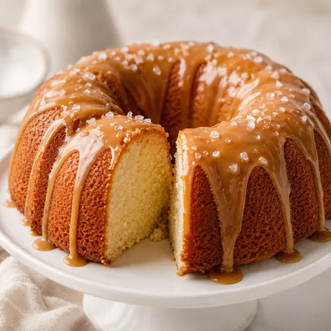 Salted caramel Kentucky butter bundt cake with glossy glaze and sea salt