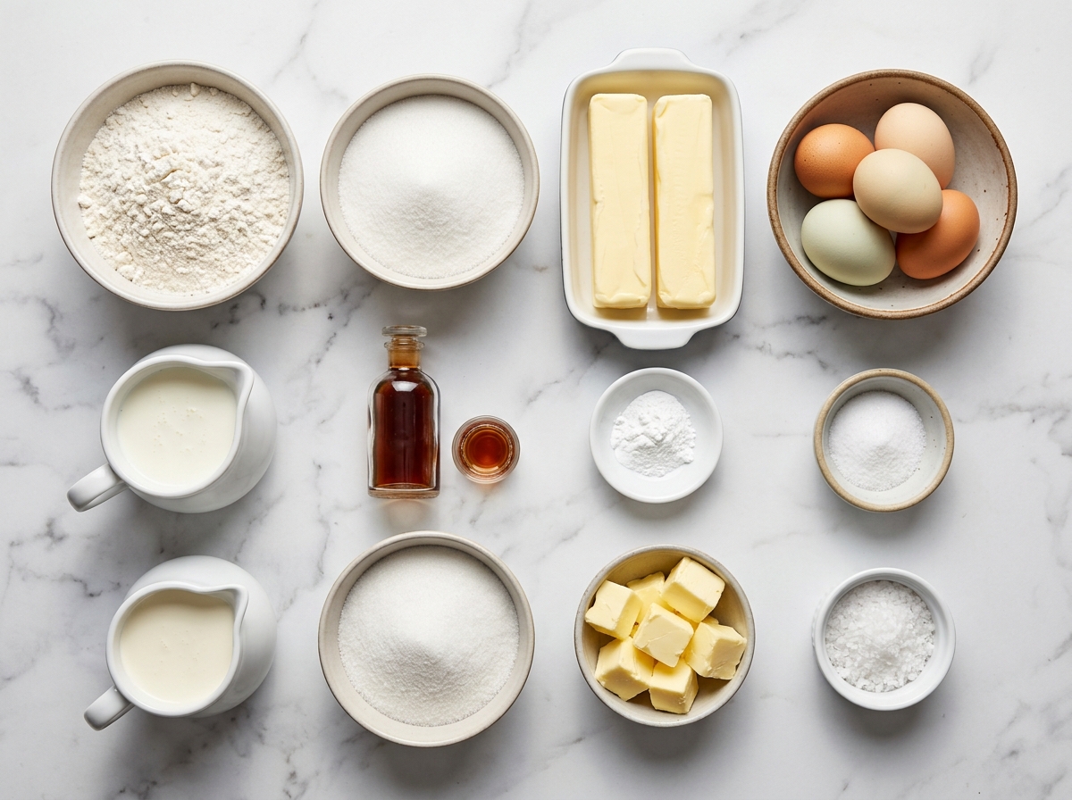 Ingredients for salted caramel Kentucky butter cake on a marble counter