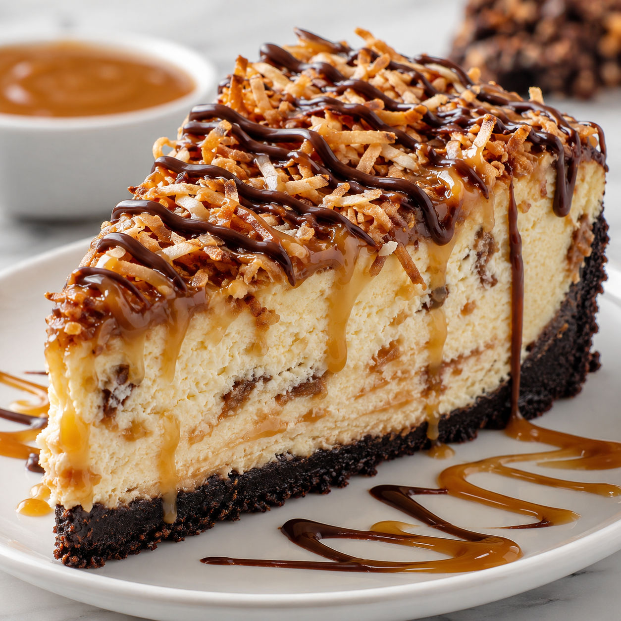 Samoa cheesecake slice with toasted coconut, caramel, and chocolate drizzle