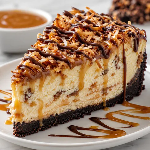 Samoa cheesecake slice with toasted coconut, caramel, and chocolate drizzle