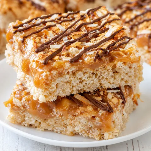 Samoa Rice Krispies with caramel, toasted coconut and chocolate drizzle
