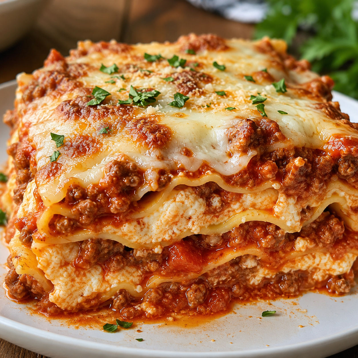 Meat sauce and ricotta lasagna slice with browned mozzarella and parsley