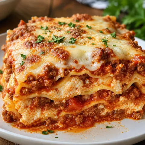 Meat sauce and ricotta lasagna slice with browned mozzarella and parsley
