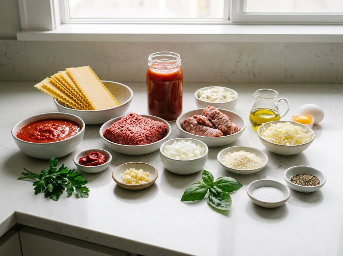Ingredients for meat sauce ricotta lasagna with pasta, beef, tomatoes, and cheese