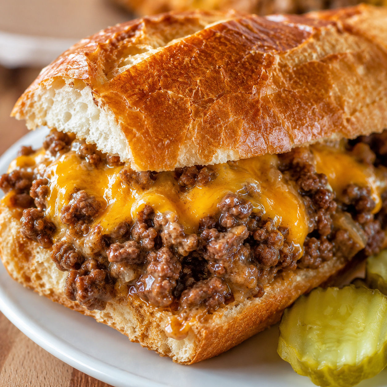 Loose meat tavern sandwiches with cheddar on crusty French bread