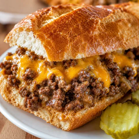 Loose meat tavern sandwiches with cheddar on crusty French bread