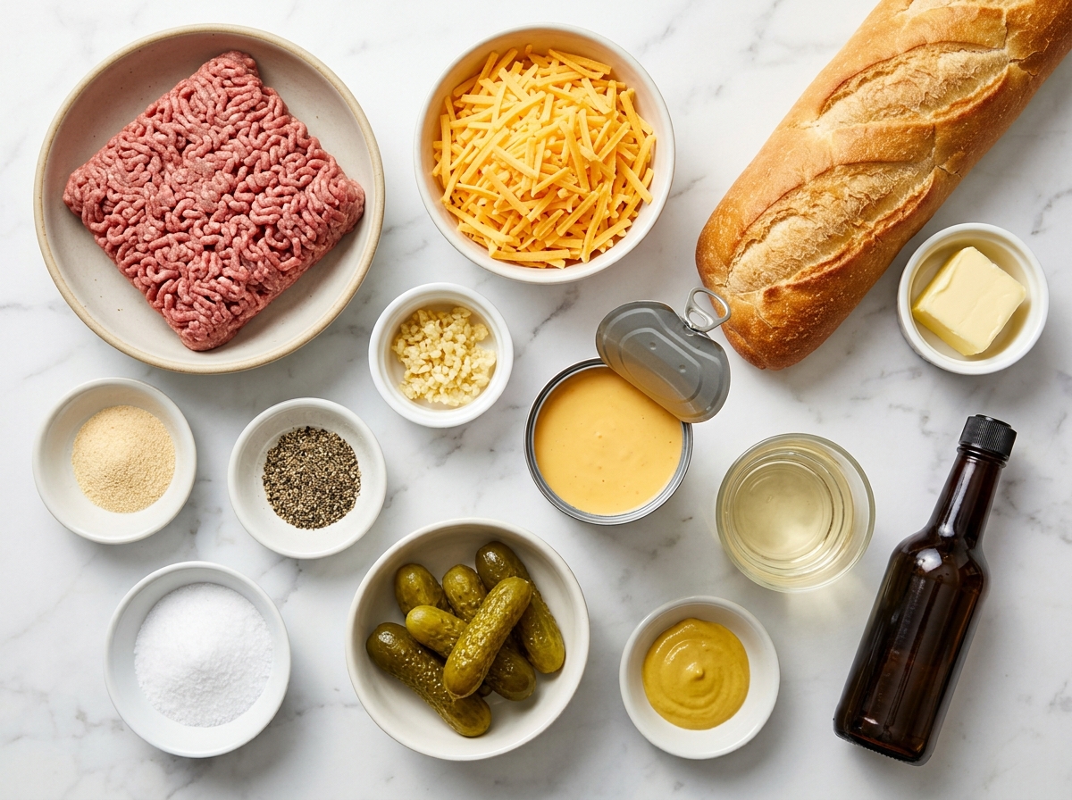 Ingredients for cheddar loose meat tavern sandwiches on a wooden surface