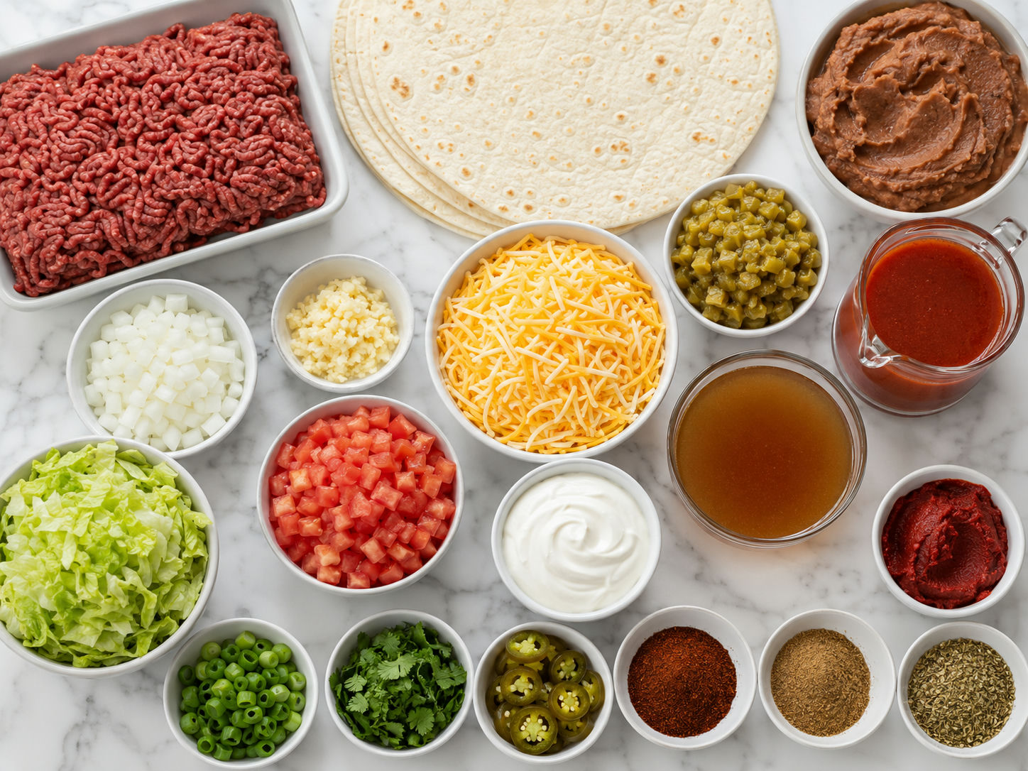 Ingredients for saucy beef burritos with beef, tortillas, beans, sauce, and cheese