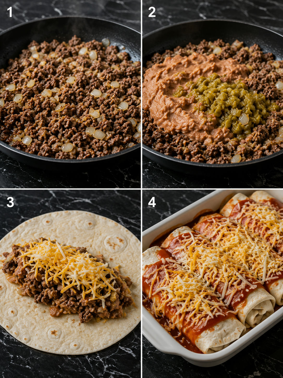 Four cooking steps for beef burritos from browning beef to saucing the dish