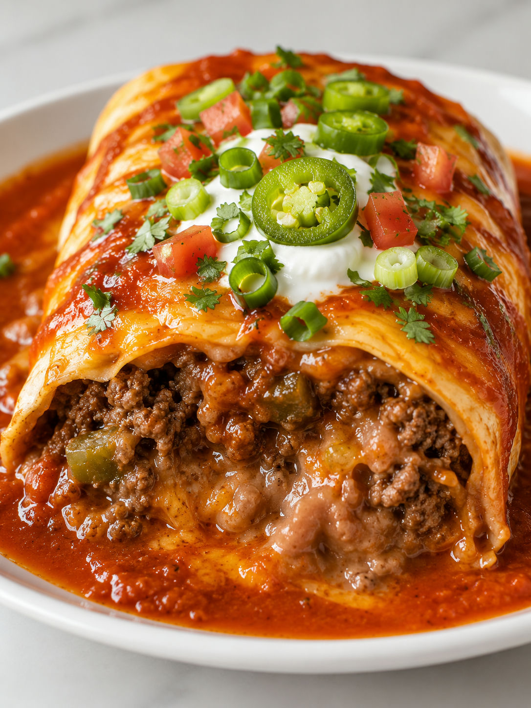 Cut saucy beef burrito with red sauce, melted cheese, and fresh toppings