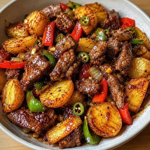 Saucy beef with peppers over crunchy golden potato rounds